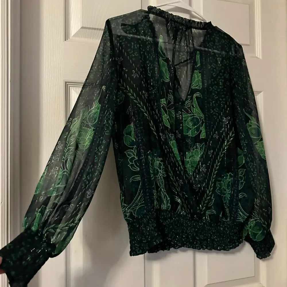 White House Black Market Women's Blouse Lurex Long Sleeve Print Blouse Size S - Picture 5 of 6